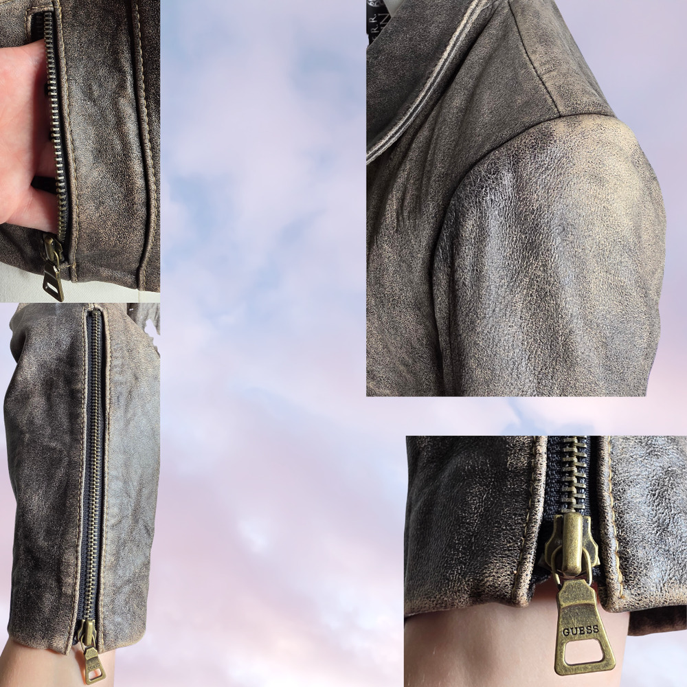Vtg Y2k 2000s Guess Brown Distressed Worn Zip Up Emma Chamberlain Moto Jacket M - Picture 8 of 8